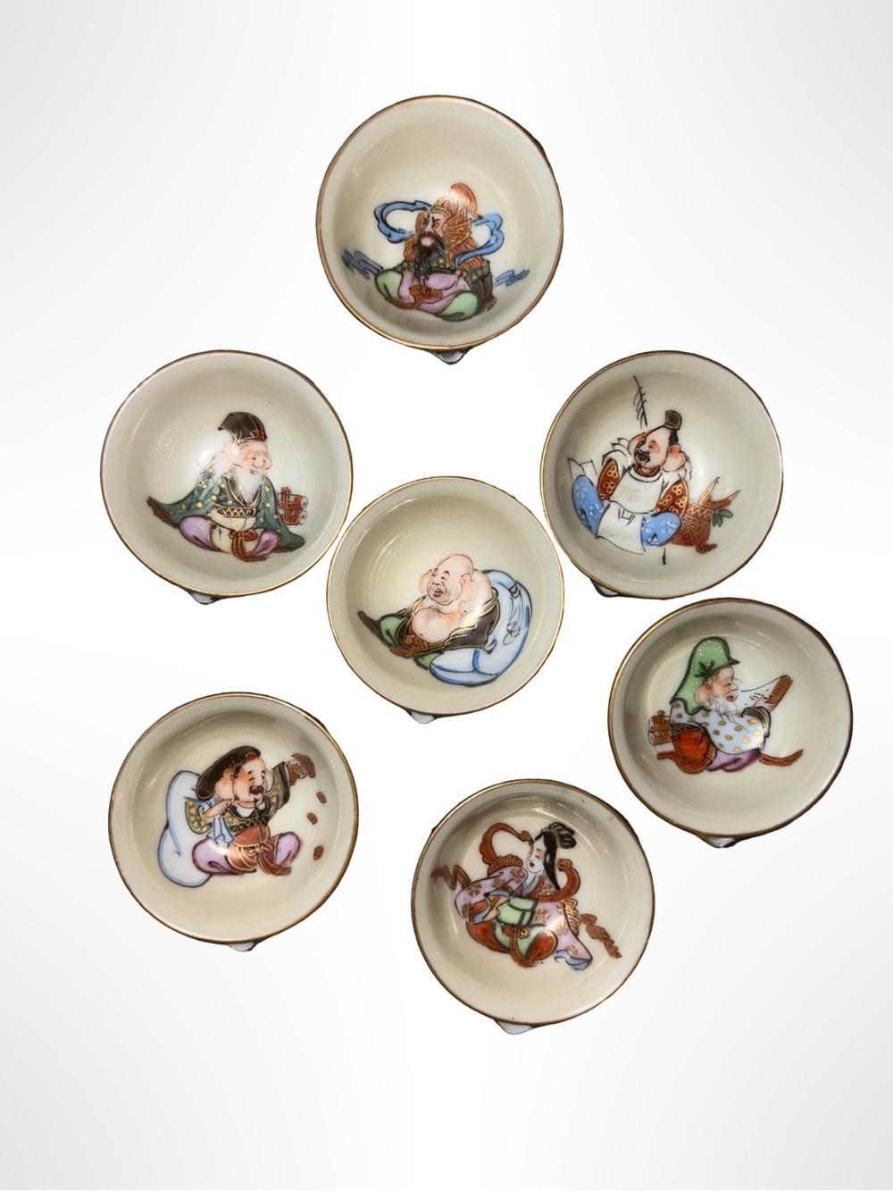 Vintage Japanese Kutani Sake Cups Seven Lucky Gods Hand Painted